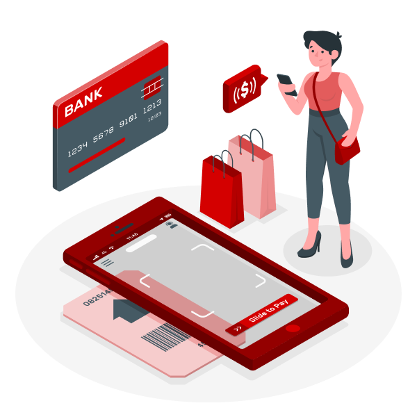 avater showing a woman holding her phone with some shopping bags on the ground